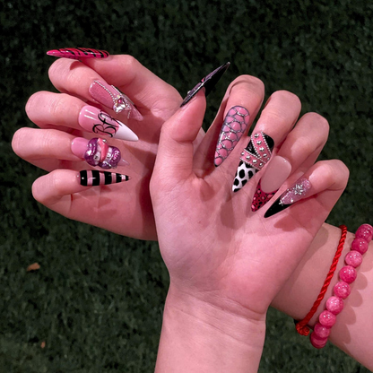 Y2K Pink Black Press On Nails • Coquette Baddie Nail Set • Zebra Web Star Glam Nails • Handmade 3D Statement Nails • OB610UC