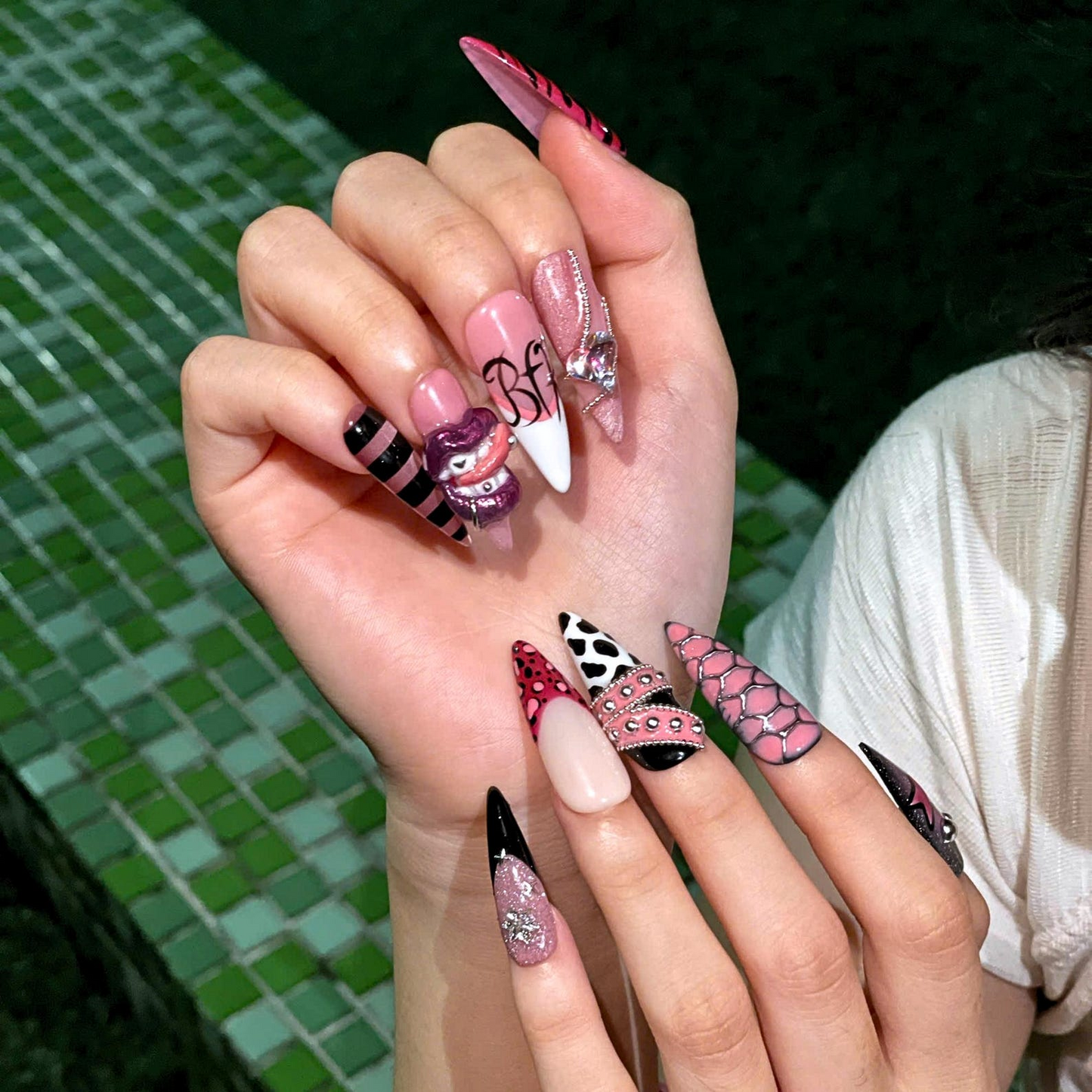 Y2K Pink Black Press On Nails • Coquette Baddie Nail Set • Zebra Web Star Glam Nails • Handmade 3D Statement Nails • OB610UC