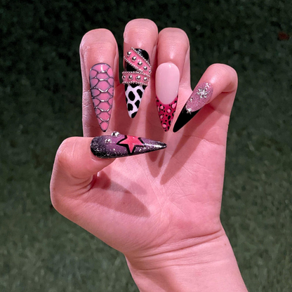 Y2K Pink Black Press On Nails • Coquette Baddie Nail Set • Zebra Web Star Glam Nails • Handmade 3D Statement Nails • OB610UC
