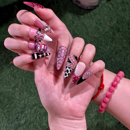 Y2K Pink Black Press On Nails • Coquette Baddie Nail Set • Zebra Web Star Glam Nails • Handmade 3D Statement Nails • OB610UC