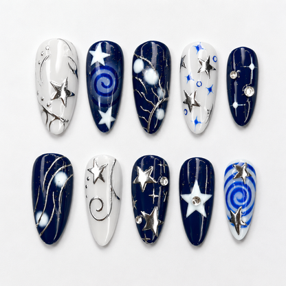 Navy Blue Press On Nails • Star Charm Almond Nails • Silver Foil Celestial Handmade Glue Set • Gift for Her • OC1376ZG