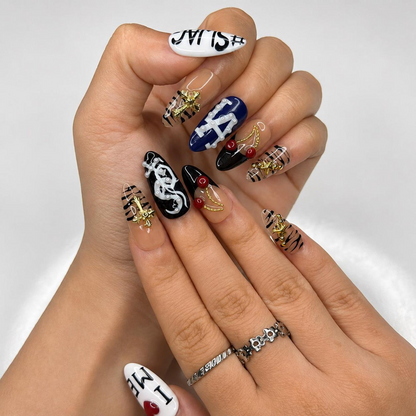 Y2K Graphic Press On Nails | Cherry Cross Letter Nail Set | Edgy Black White Statement Nails | Street Style Handmade Set | OC447J
