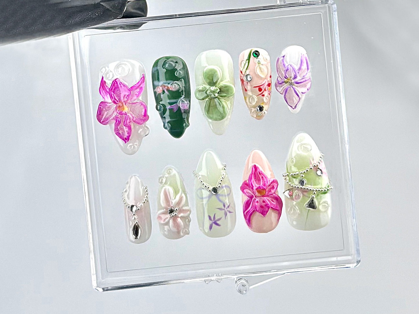 3D Orchid And Succulent Press On Nails | Elegant 3D Flower Nail Art | Luxury Orchid And Garden Theme Acrylic Nails | Wedding Nails | HB628Y