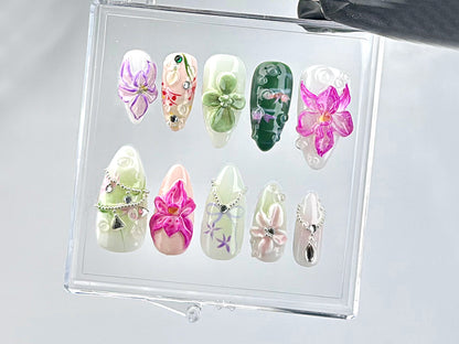 3D Orchid And Succulent Press On Nails | Elegant 3D Flower Nail Art | Luxury Orchid And Garden Theme Acrylic Nails | Wedding Nails | HB628Y