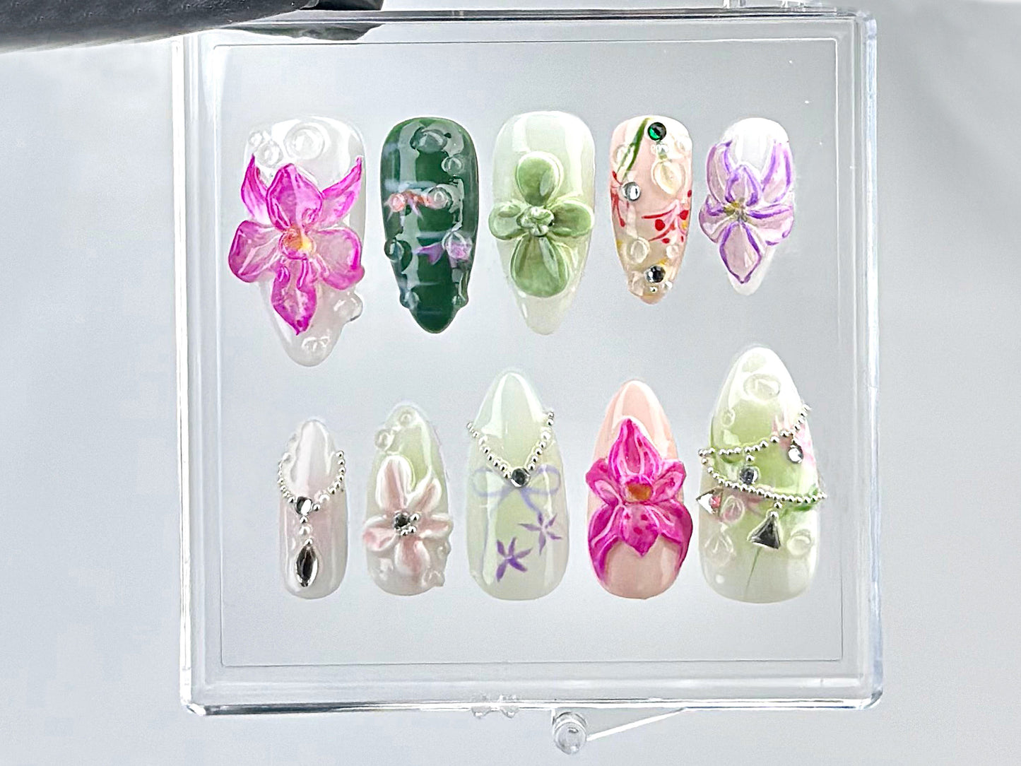 3D Orchid And Succulent Press On Nails | Elegant 3D Flower Nail Art | Luxury Orchid And Garden Theme Acrylic Nails | Wedding Nails | HB628Y