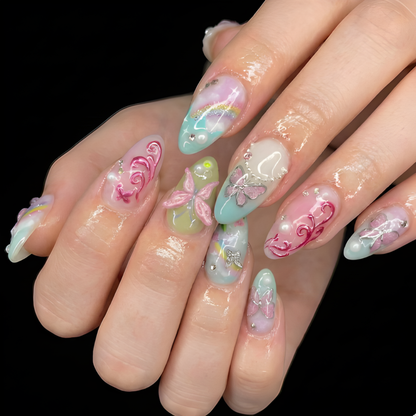Nail Tabs for Press On Nails – Pastel Jelly Butterfly Floral 3D Long Almond Press On Nails