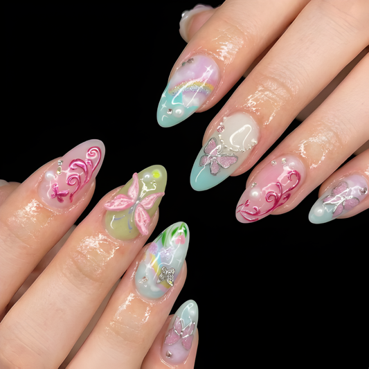 Nail Tabs for Press On Nails – Pastel Jelly Butterfly Floral 3D Long Almond Press On Nails