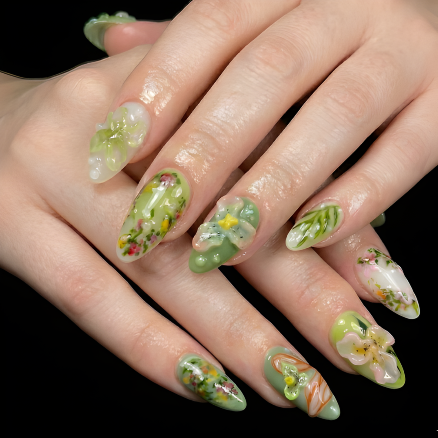 Nail Tabs for Press On Nails – Green Floral Jelly 3D Flower Botanical Design Long Almond Handmade Aesthetic Fake Nails