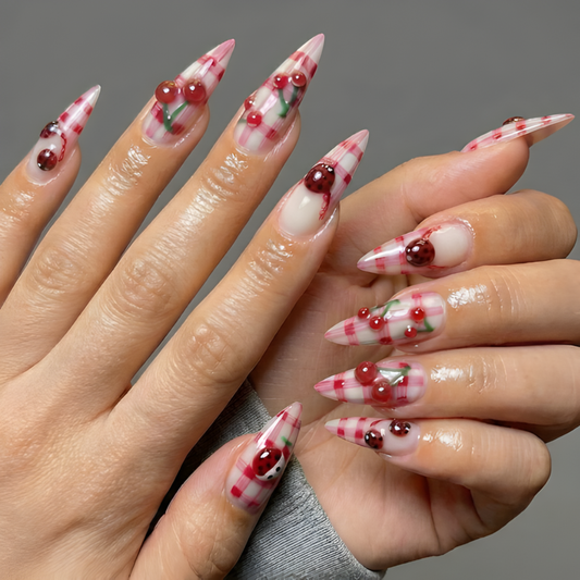 Nail Tabs for Press On Nails – Red White Gingham Cherry 3D Long Stiletto Handmade Cute Coquette Fake Nails