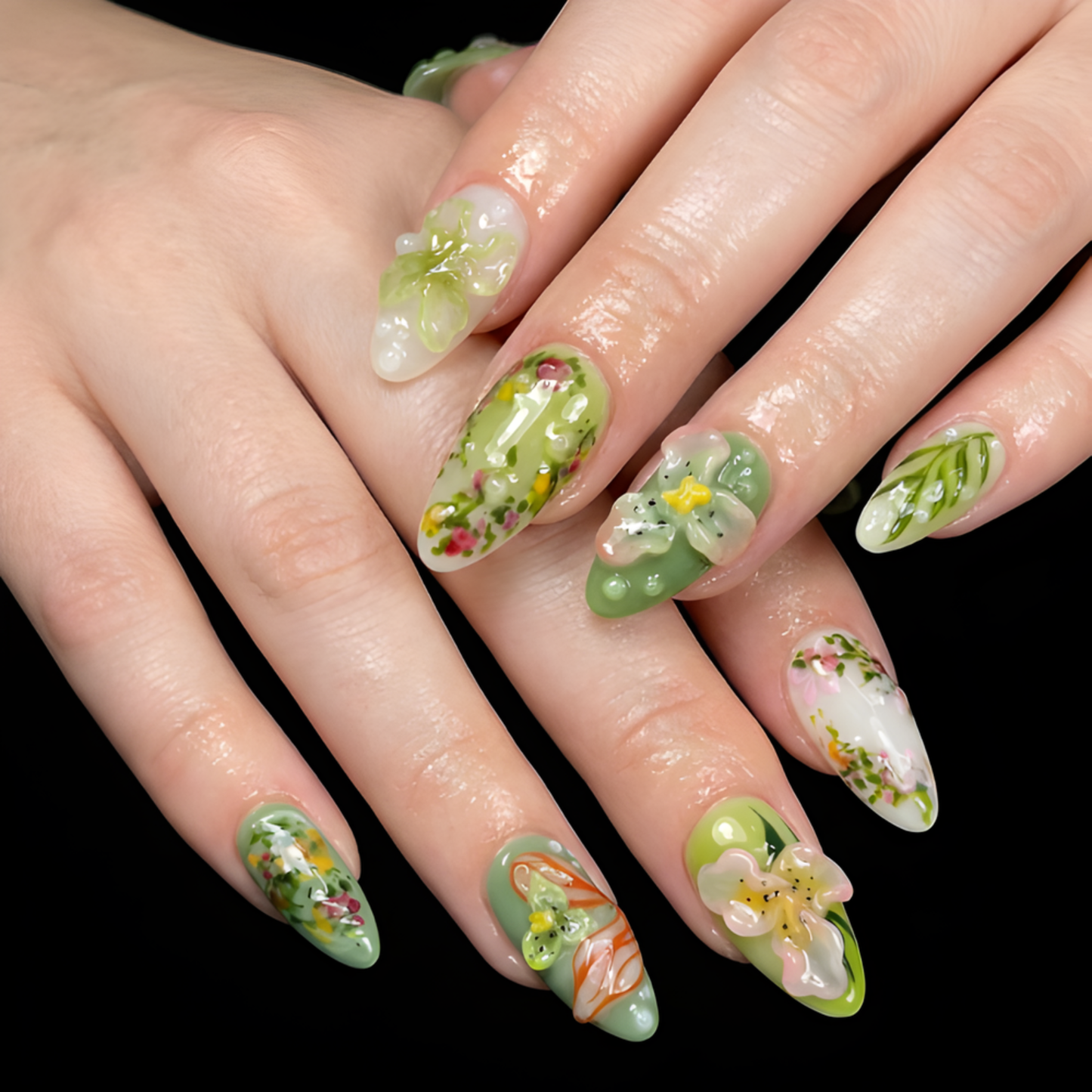 Nail Tabs for Press On Nails – Green Floral Jelly 3D Flower Botanical Design Long Almond Handmade Aesthetic Fake Nails