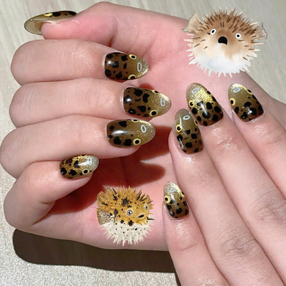 Pufferfish Press On Nails | Cute Ocean Nail Set | Gold Cat Eye Sea Life Nails | Japanese Kawaii Handmade Gel Press On Nails | OC449UC