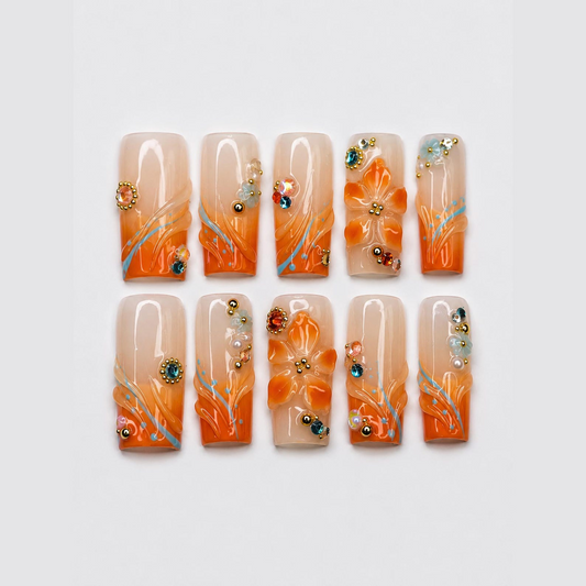 Summer Floral Press On Nails | Orange Flower Beach Nail Set | Tropical Vacation Nails | OC445J