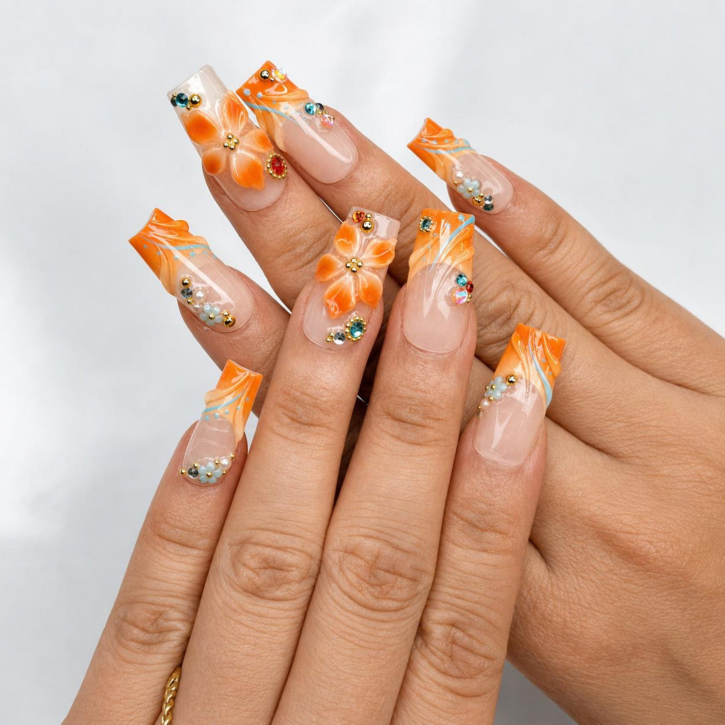 Summer Floral Press On Nails | Orange Flower Beach Nail Set | Tropical Vacation Nails | OC445J