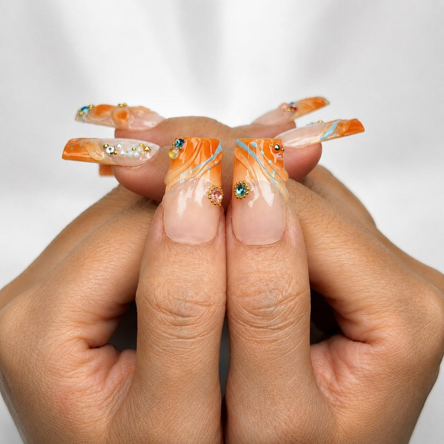 Summer Floral Press On Nails | Orange Flower Beach Nail Set | Tropical Vacation Nails | OC445J