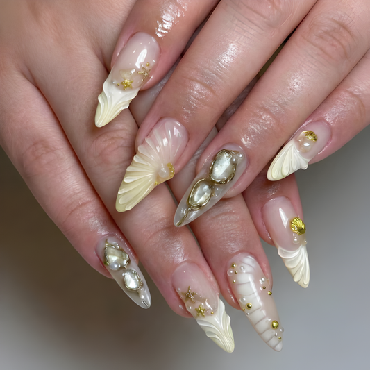 Nail Tabs for Press On Nails – Ivory Pearl Shell 3D Ocean Design Long Almond Handmade Luxury Mermaid Fake Nails