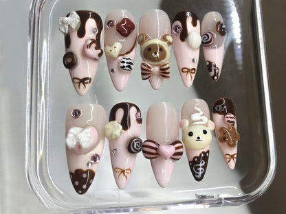 Cute Dessert Press On Nails | 3D Sweets And Bear Designs with Bow Fake Nails | 3D Chocolate, Candy Acrylic Nails | Kawaii Nails | HD549Y