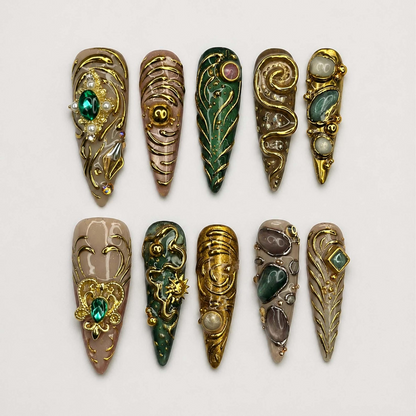 Emerald Jewelry Press On Nails | Gold Chrome Gemstone Nail Set | Ornate Baroque Fantasy Nails | Luxury Handmade Nails | OB457JG