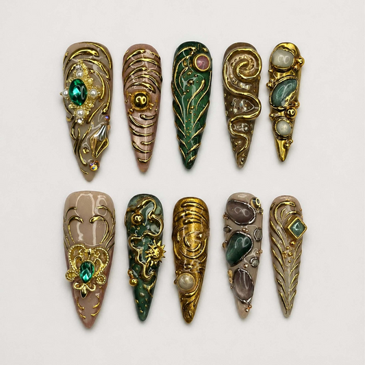 Emerald Jewelry Press On Nails | Gold Chrome Gemstone Nail Set | Ornate Baroque Fantasy Nails | Luxury Handmade Nails | OB457JG