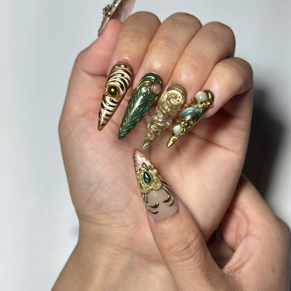 Emerald Jewelry Press On Nails | Gold Chrome Gemstone Nail Set | Ornate Baroque Fantasy Nails | Luxury Handmade Nails | OB457JG