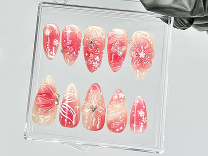 Blossom Spring Press On Nails By HudiNails |Sakura Pink Spring Fake Nails |Romantic Floral Acrylic Nails | Spring Inspired Nail Art |HB813YT