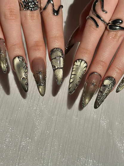 Gothic Celestial Press On Nails, Dark Cat Eye Galaxy Nails with Silver Stars, Edgy Ethereal Stiletto Nails with Metallic Charms, HC1289HC