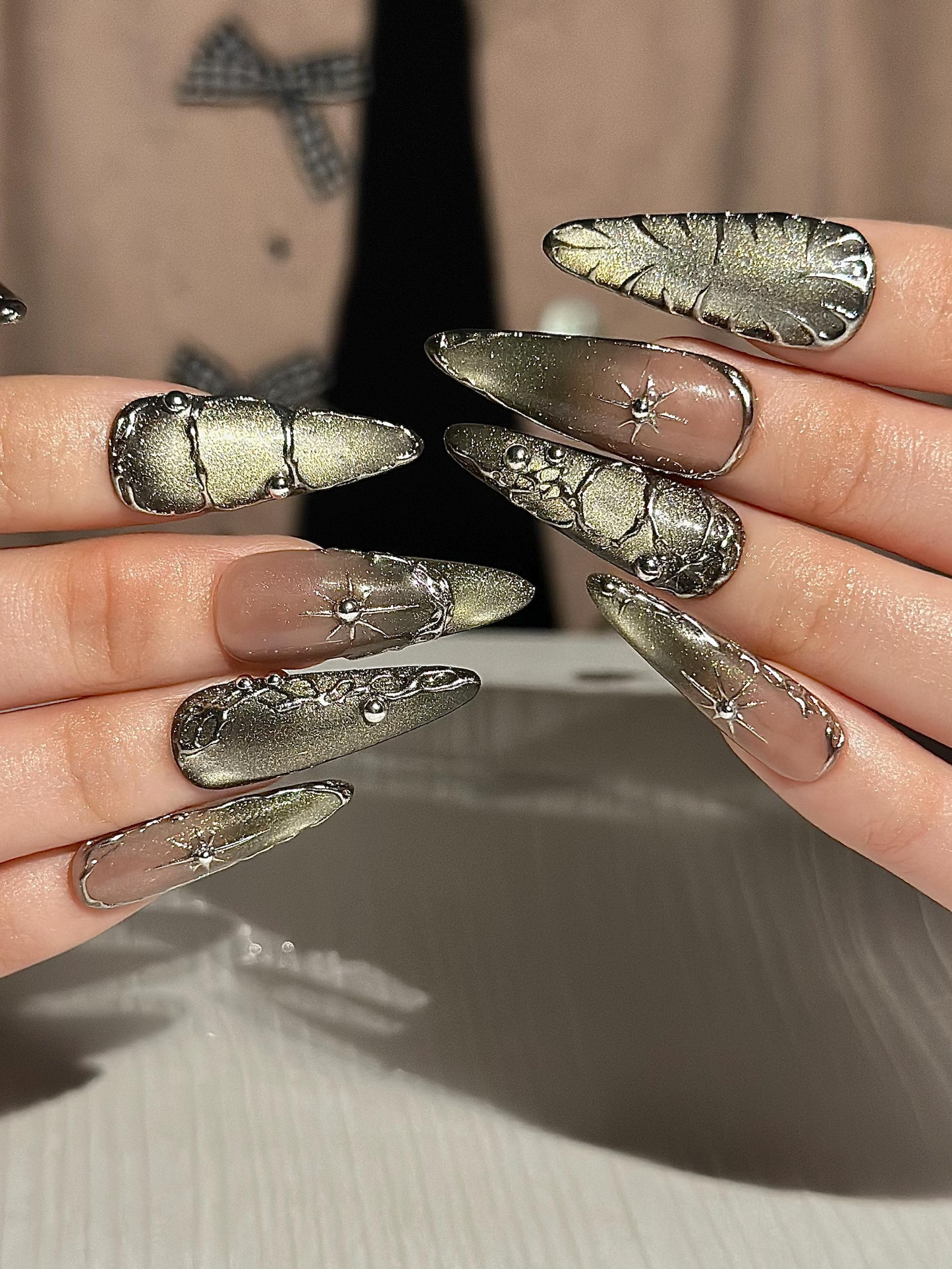 Gothic Celestial Press On Nails, Dark Cat Eye Galaxy Nails with Silver Stars, Edgy Ethereal Stiletto Nails with Metallic Charms, HC1289HC