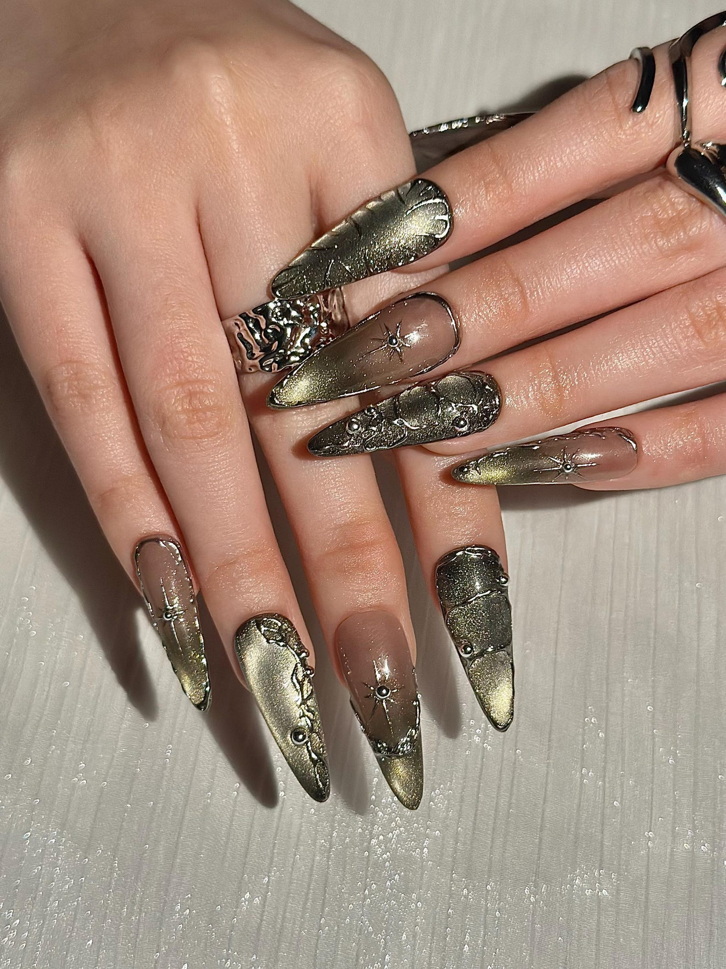 Gothic Celestial Press On Nails, Dark Cat Eye Galaxy Nails with Silver Stars, Edgy Ethereal Stiletto Nails with Metallic Charms, HC1289HC