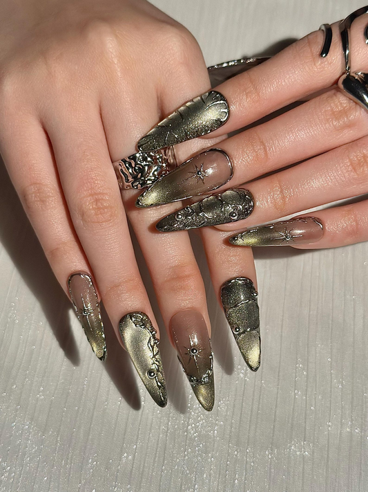 Gothic Celestial Press On Nails, Dark Cat Eye Galaxy Nails with Silver Stars, Edgy Ethereal Stiletto Nails with Metallic Charms, HC1289HC