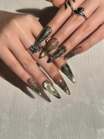 Gothic Celestial Press On Nails, Dark Cat Eye Galaxy Nails with Silver Stars, Edgy Ethereal Stiletto Nails with Metallic Charms, HC1289HC