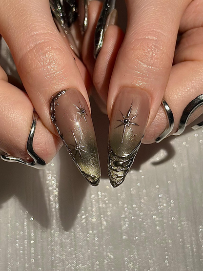Gothic Celestial Press On Nails, Dark Cat Eye Galaxy Nails with Silver Stars, Edgy Ethereal Stiletto Nails with Metallic Charms, HC1289HC