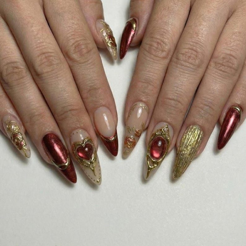 Press On Nails Adhesive Tabs – Nude Burgundy Gold Heart & Rose Chrome Long Stiletto Handmade Fake Nails for Luxury Romantic Look
