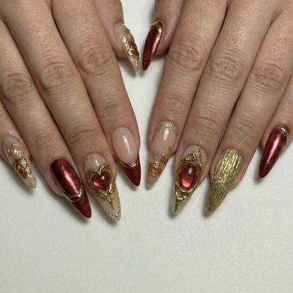 Press On Nails Adhesive Tabs – Nude Burgundy Gold Heart & Rose Chrome Long Stiletto Handmade Fake Nails for Luxury Romantic Look