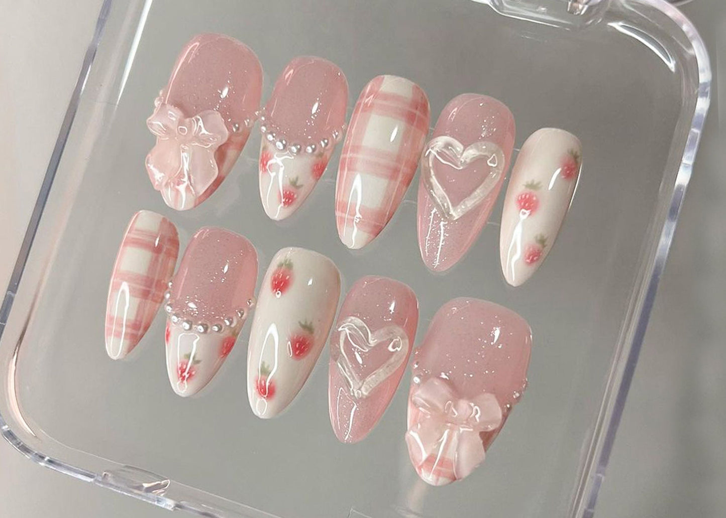 Dreamy Pink Press On Nails | Nail Set With Strawberry Design | Cute Bow and Heart Nail Art | Adorable 3D Raised Art |mother day gift| HD180T