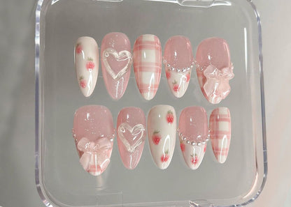 Dreamy Pink Press On Nails | Nail Set With Strawberry Design | Cute Bow and Heart Nail Art | Adorable 3D Raised Art |mother day gift| HD180T