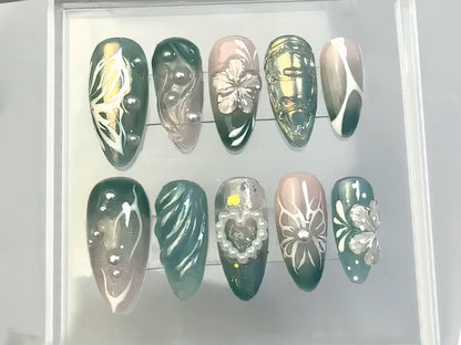 Delicate Blooms Press On Nails | Heart-shaped Pearl Charms On Fake Nails |  Green Leaf Press On Nails | Nail Art | Gift for her | HD193T