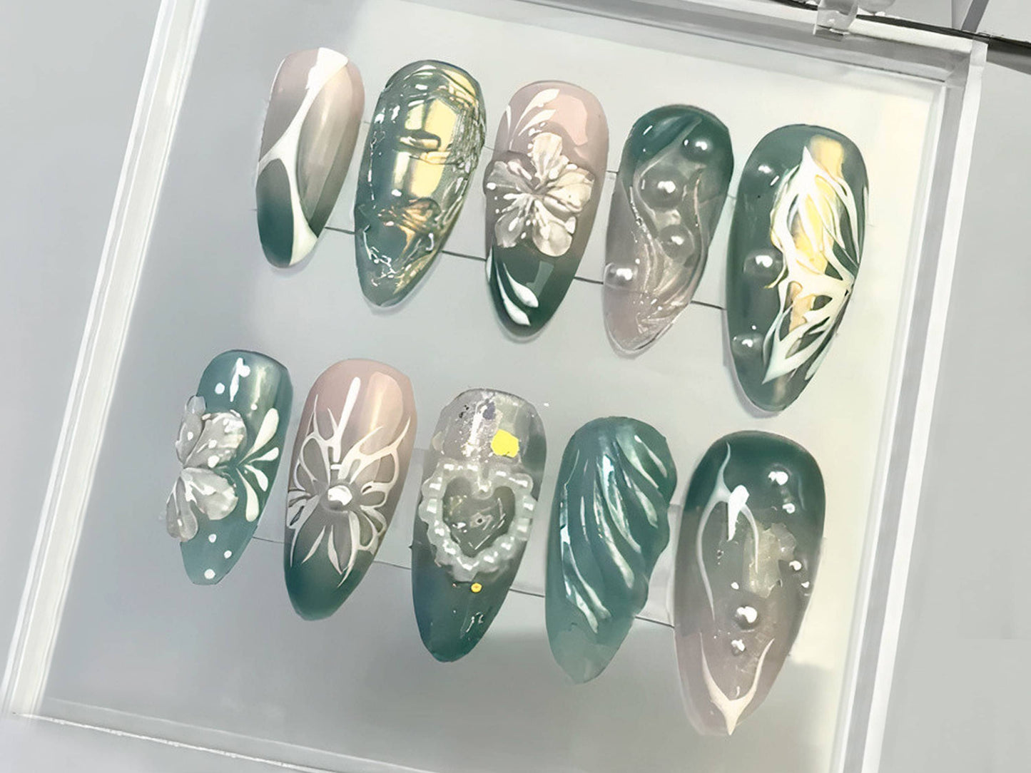 Delicate Blooms Press On Nails | Heart-shaped Pearl Charms On Fake Nails |  Green Leaf Press On Nails | Nail Art | Gift for her | HD193T