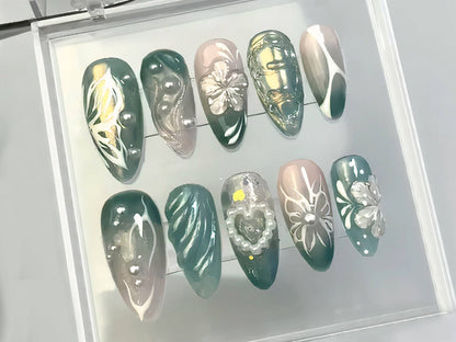 Delicate Blooms Press On Nails | Heart-shaped Pearl Charms On Fake Nails |  Green Leaf Press On Nails | Nail Art | Gift for her | HD193T