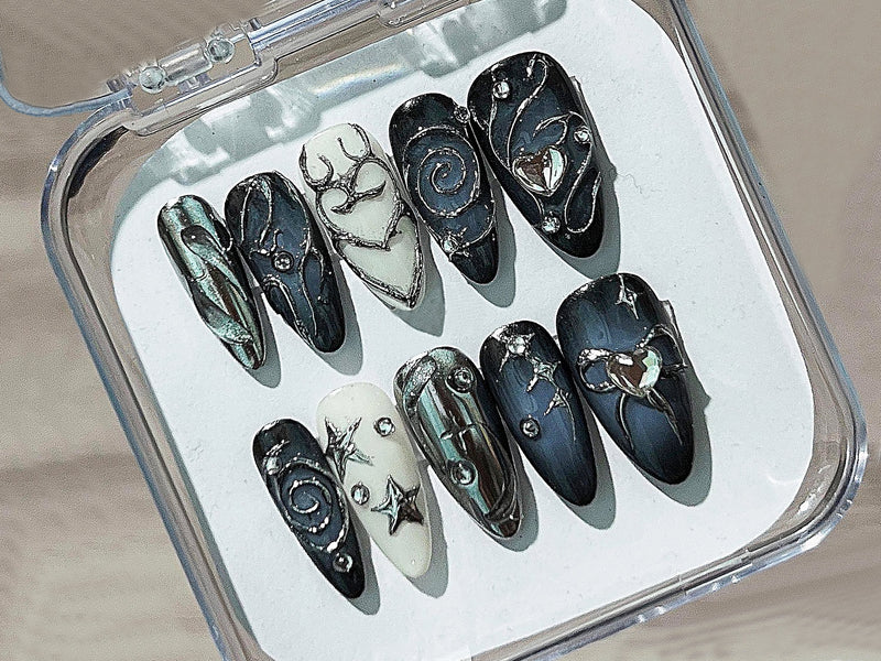 Stunning Acubi-Style Nails | Deep Blue Ombre Press On Nails | Sparkling Gemstones | Almond Nails | OB208