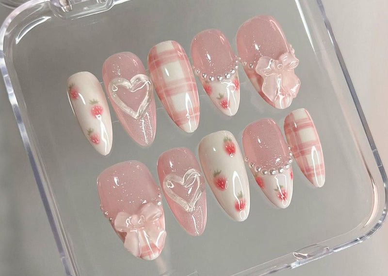 Dreamy Pink Press On Nails | Nail Set With Strawberry Design | Cute Bow and Heart Nail Art | Adorable 3D Raised Art |mot