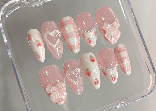 Dreamy Pink Press On Nails | Nail Set With Strawberry Design | Cute Bow and Heart Nail Art | Adorable 3D Raised Art |mother day gift| HD180T