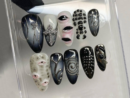 Cool Gothic-inspired Press On Nails | Goth Dark Blue Almond Nails | 3D Gel Nail with Eye Motif | Halloween Handpainted Mysterious | HD302A