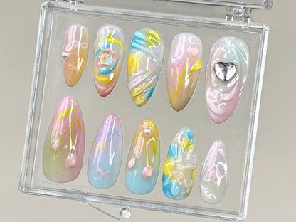 Ibrant Tulip Floral Press On Nails | 3D Gel Nail Art | Elegant Silver Heart Charms On Fake Nails | Y2k Nails | Nails Charms | HD322TK