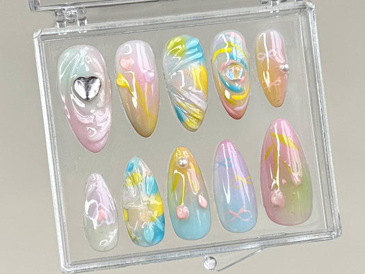 Ibrant Tulip Floral Press On Nails | 3D Gel Nail Art | Elegant Silver Heart Charms On Fake Nails | Y2k Nails | Nails Charms | HD322TK