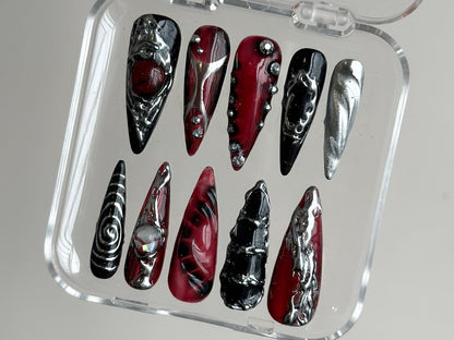 Hand-Painted Free-Style Press On Nails | Silver Metallic Crystal Long Stiletto | Custom Chrome Fake Nails | Y2K, Goth, Gothic Nails |HD295T