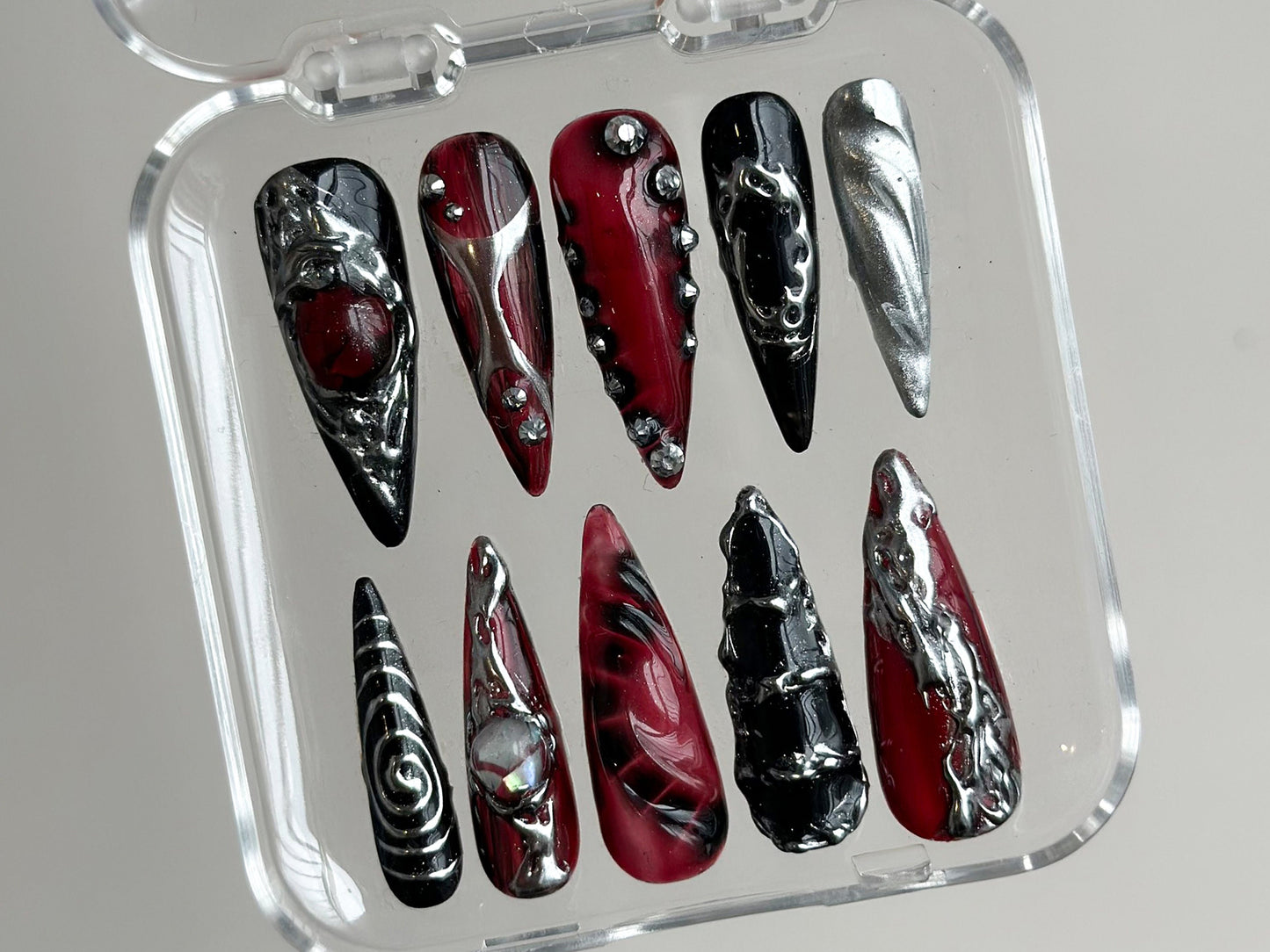 Hand-Painted Free-Style Press On Nails | Silver Metallic Crystal Long Stiletto | Custom Chrome Fake Nails | Y2K, Goth, Gothic Nails |HD295T