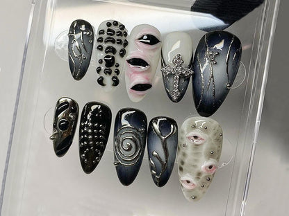 Cool Gothic-inspired Press On Nails | Goth Dark Blue Almond Nails | 3D Gel Nail with Eye Motif | Halloween Handpainted Mysterious | HD302A