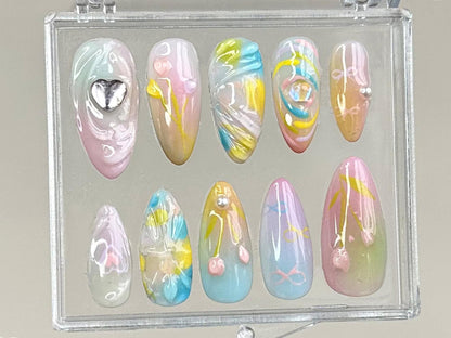 Ibrant Tulip Floral Press On Nails | 3D Gel Nail Art | Elegant Silver Heart Charms On Fake Nails | Y2k Nails | Nails Charms | HD322TK