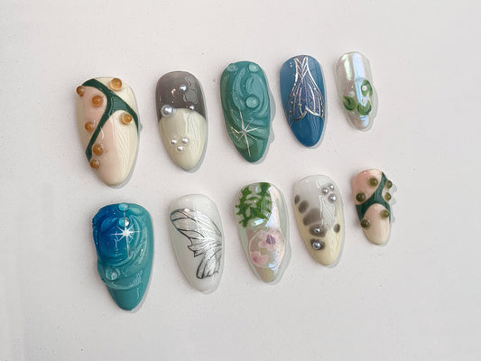 Free Style 3D Gel on Almond Press On Nails | Acrylic Nail Art, Luxury Handmade Fake Nails | Fairycore Nails | Mermaid Nails | Abstract |J98A