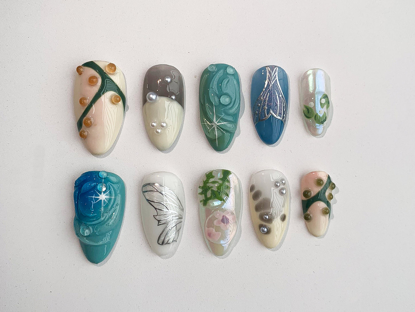 Free Style 3D Gel on Almond Press On Nails | Acrylic Nail Art, Luxury Handmade Fake Nails | Fairycore Nails | Mermaid Nails | Abstract |J98A