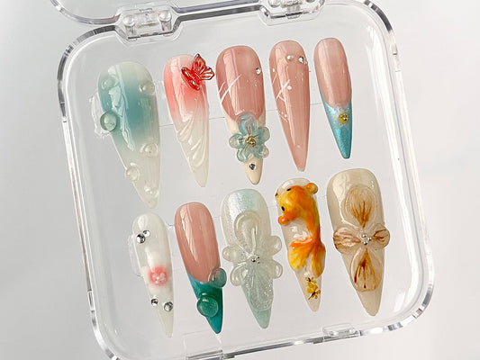 3D Orchard Floral Press On Nails Long Almond | Flowers Custom Hanpainted Nail Art | Fairy Tale Inspired Fake Nails | Fairycore Nails| HD326A